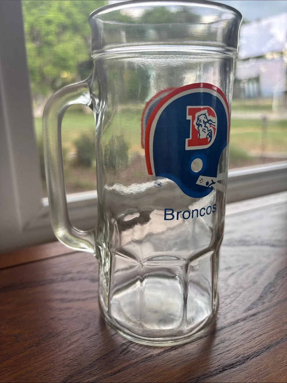 Vintage Denver Broncos Glass Beer Mug - Clear Glass with Blue & Orange Helmet